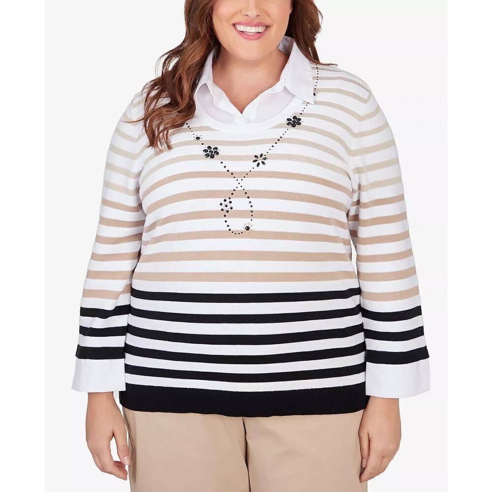 Alfred Dunner White w/Beige Black Pinstrip Embellished Collar Cotton Sweater 2X